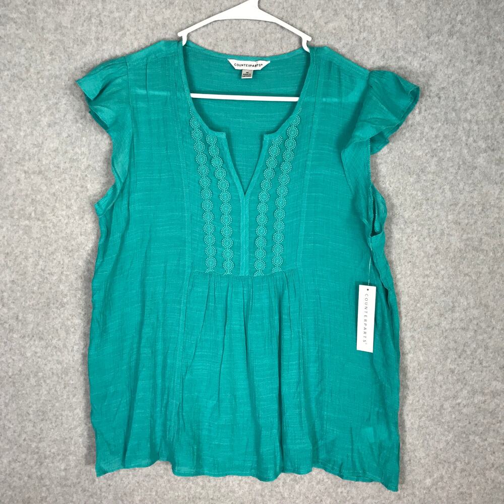 Counterparts Blouse Womens Medium Blue Ruffle Pleated Crochet‎ Cottage Aqua Top